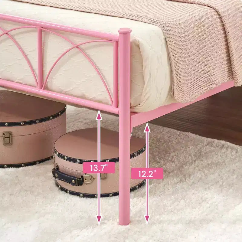 Struttura letto a piattaforma matrimoniale da 14 pollici con testiera e pediera, contenitore sotto il letto – Rosa