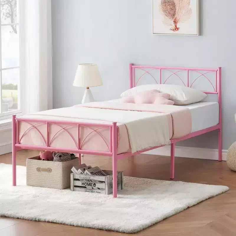 Struttura letto a piattaforma matrimoniale da 14 pollici con testiera e pediera, contenitore sotto il letto – Rosa