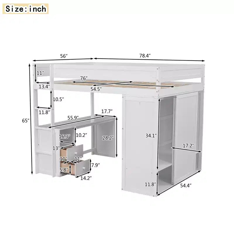 Letto a soppalco con armadi e scrivania a 2 cassetti con mobiletto, struttura in legno
