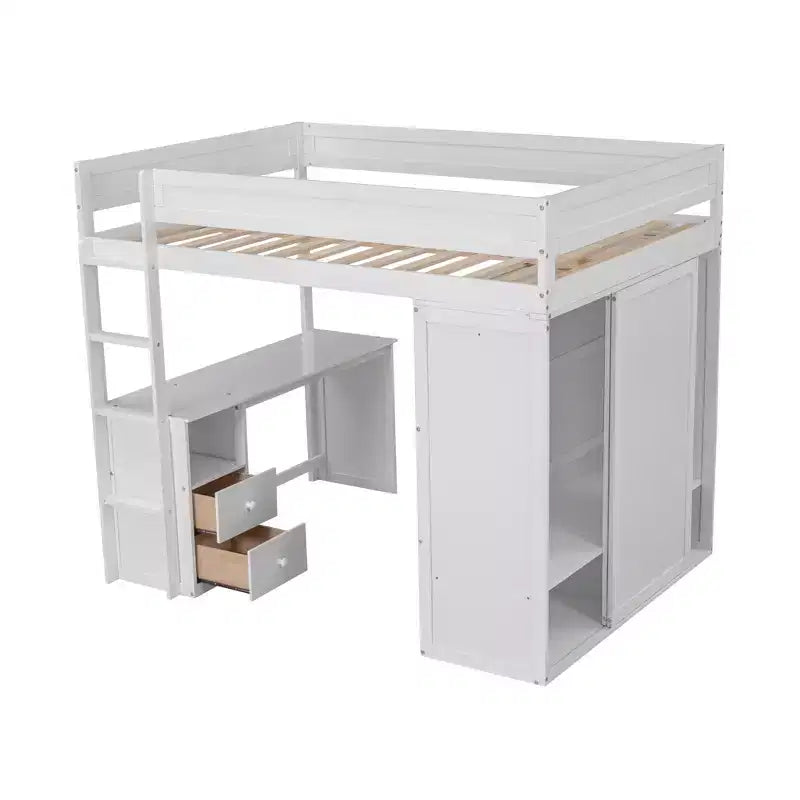 Letto a soppalco con armadi e scrivania a 2 cassetti con mobiletto, struttura in legno