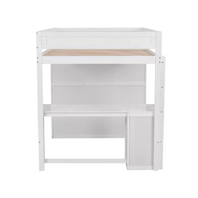 Letto a soppalco con armadi e scrivania a 2 cassetti con mobiletto, struttura in legno