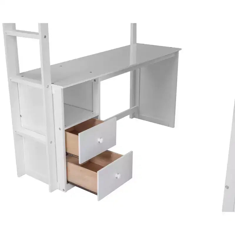 Letto a soppalco con armadi e scrivania a 2 cassetti con mobiletto, struttura in legno