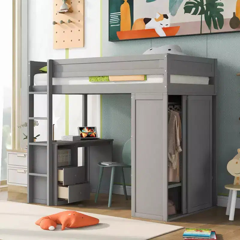 Letto a soppalco con armadi e scrivania a 2 cassetti con mobiletto, struttura in legno