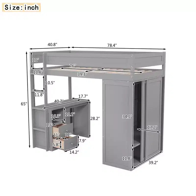Letto a soppalco con armadi e scrivania a 2 cassetti con mobiletto, struttura in legno
