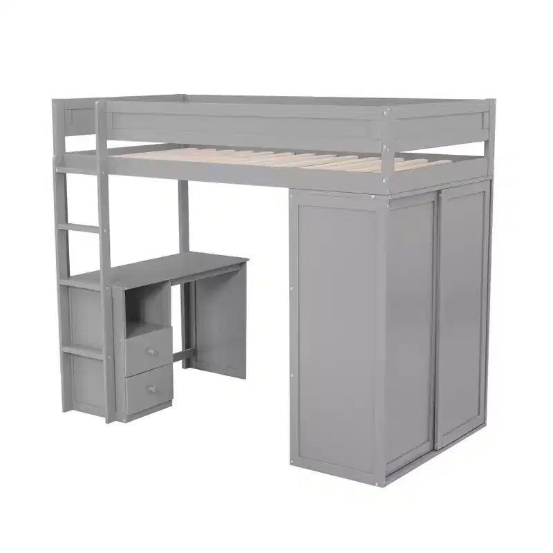 Letto a soppalco con armadi e scrivania a 2 cassetti con mobiletto, struttura in legno
