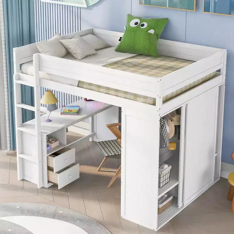 Letto a soppalco con armadi e scrivania a 2 cassetti con mobiletto, struttura in legno