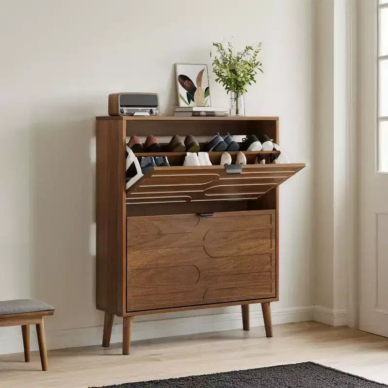 TUYOHW Walnut Shoe Storage Cabinet,Farmhouse Modern Flip-Drawer Shoe Rack with Adjustable Shelves & Anti-Tip Device,31.5''/23.62''