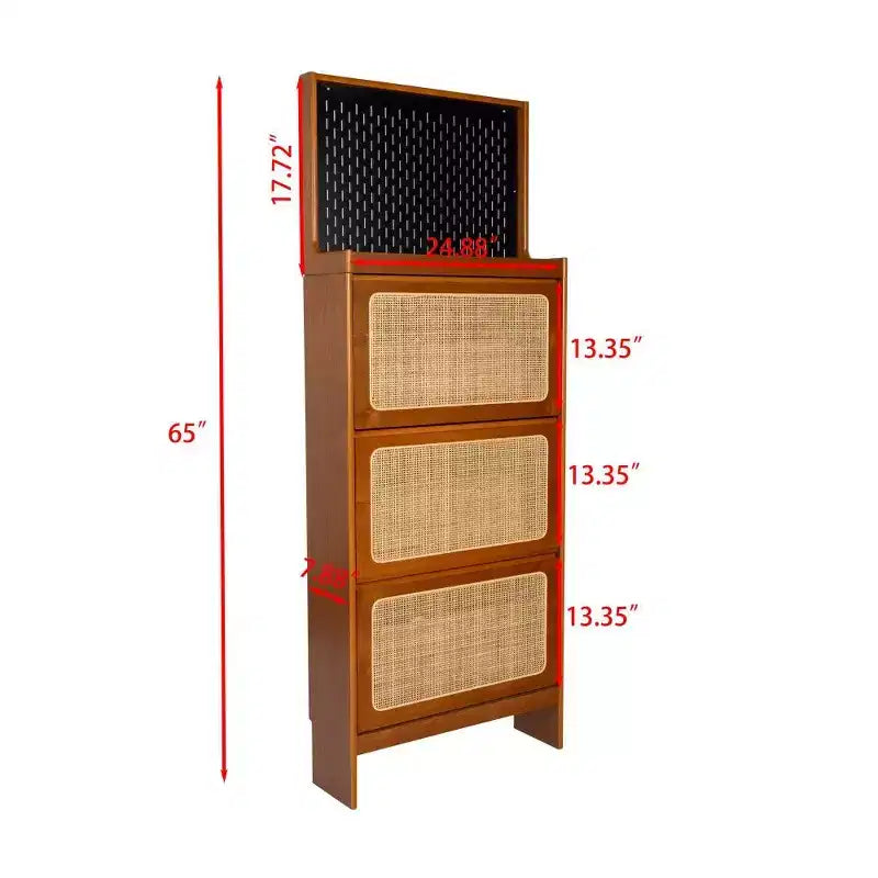 Scarpiera Alta e Stretta 165 cm con 3 Cassetti a Ribalta, Ante in Rattan, Pannello Forato & Design Antiribaltamento – Noce