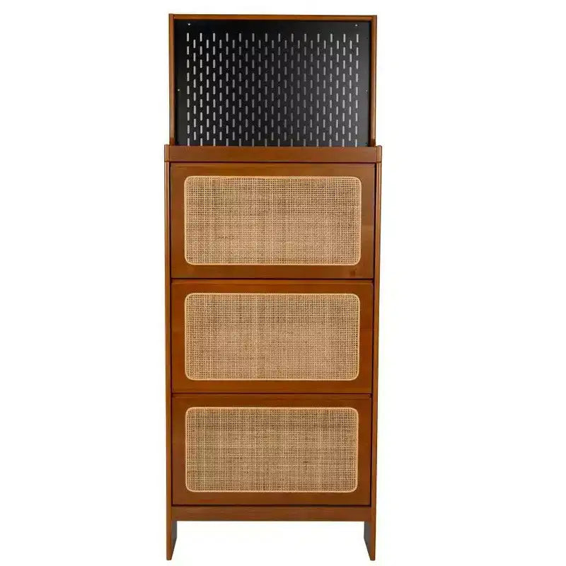 Scarpiera Alta e Stretta 165 cm con 3 Cassetti a Ribalta, Ante in Rattan, Pannello Forato & Design Antiribaltamento – Noce