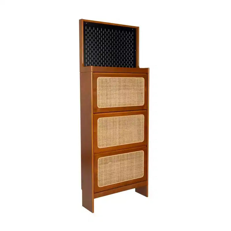 Scarpiera Alta e Stretta 165 cm con 3 Cassetti a Ribalta, Ante in Rattan, Pannello Forato & Design Antiribaltamento – Noce