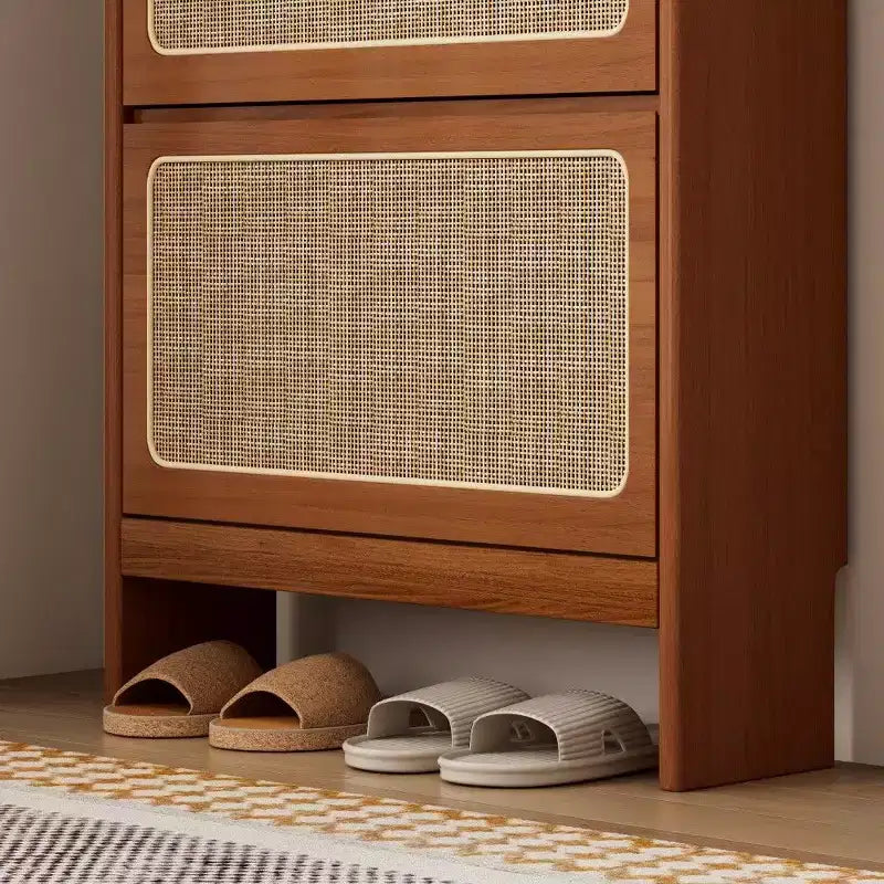Scarpiera Alta e Stretta 165 cm con 3 Cassetti a Ribalta, Ante in Rattan, Pannello Forato & Design Antiribaltamento – Noce