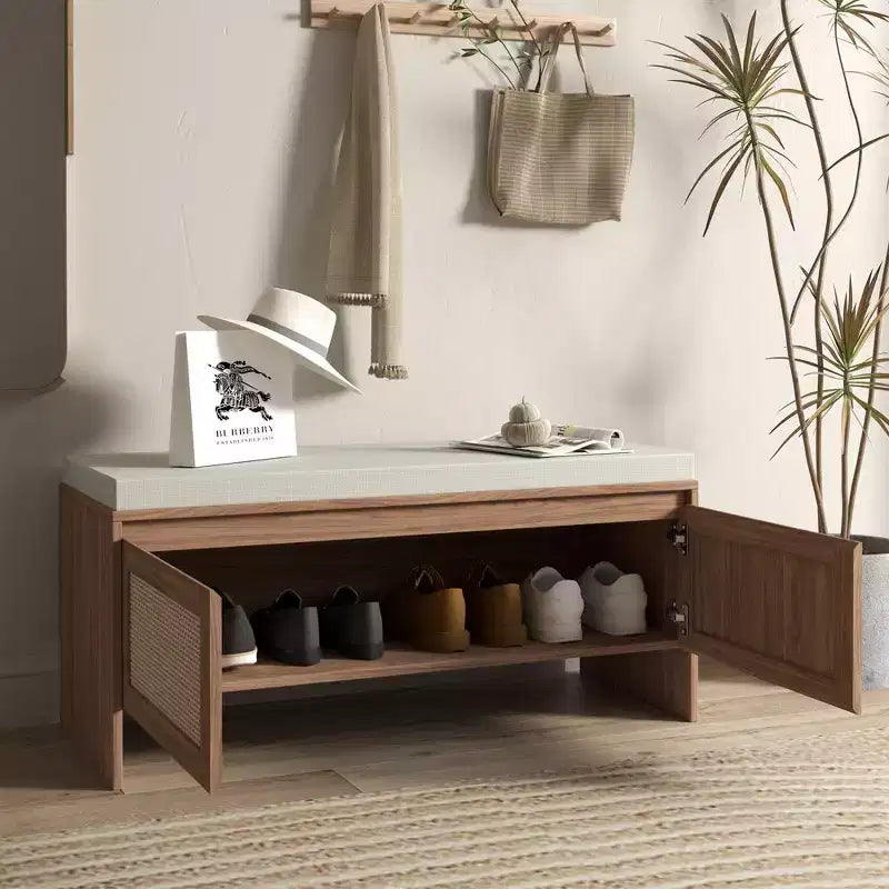 Panca scarpiera da ingresso con ante in finto rattan, seduta in legno con cuscino, per camera da letto e soggiorno – Marrone