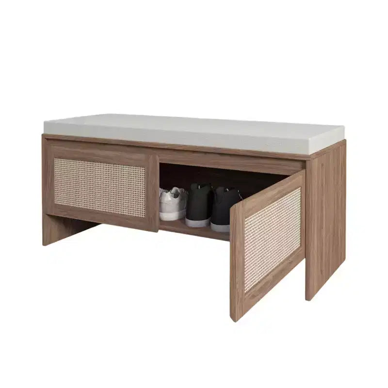 Panca scarpiera da ingresso con ante in finto rattan, seduta in legno con cuscino, per camera da letto e soggiorno – Marrone