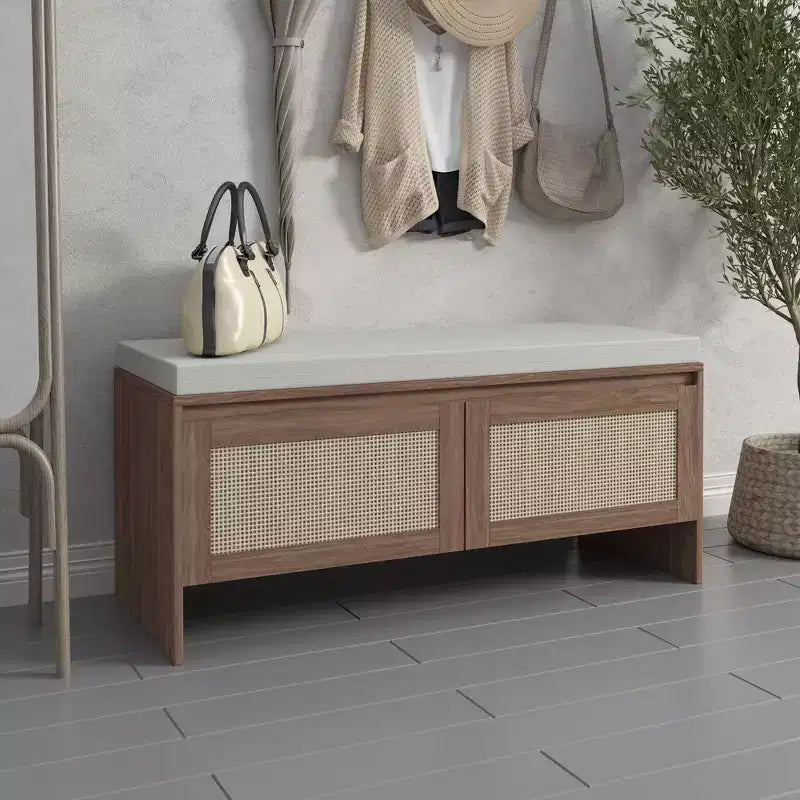 Panca scarpiera da ingresso con ante in finto rattan, seduta in legno con cuscino, per camera da letto e soggiorno – Marrone