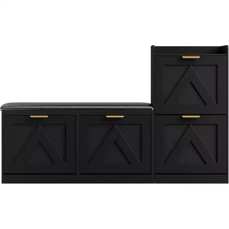 Farmhouse Shoe Cabinet with Bench and 4 Flip Drawers, Shoe Storage Cabinet with Bench and Comfort Cushion, Entryway Shoe Organizer