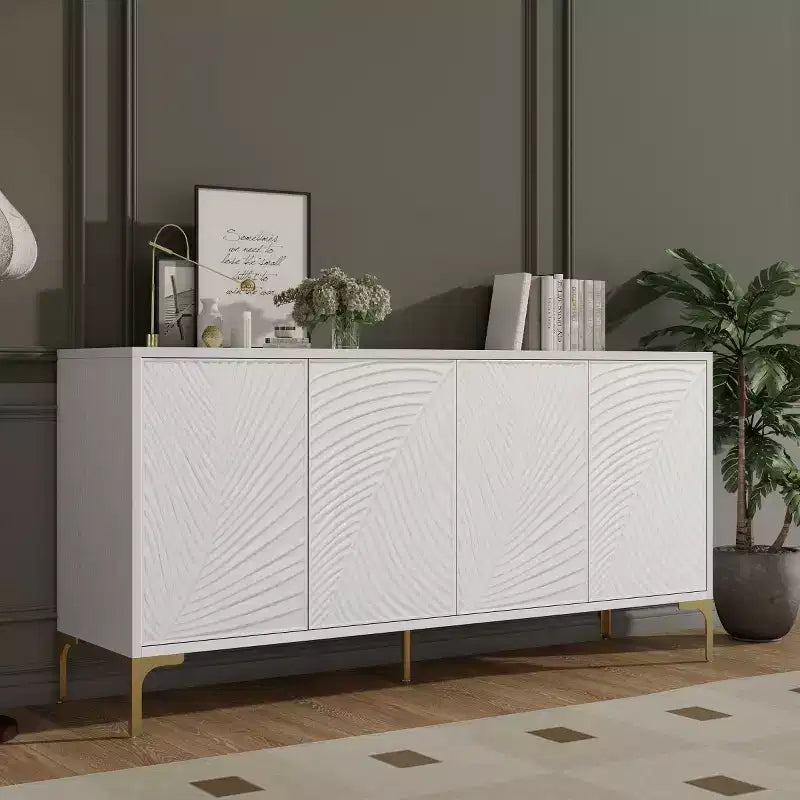 Mobile buffet credenza bianco da 152 cm, 4 ante con trama palma intagliata 3D e gambe in metallo dorato