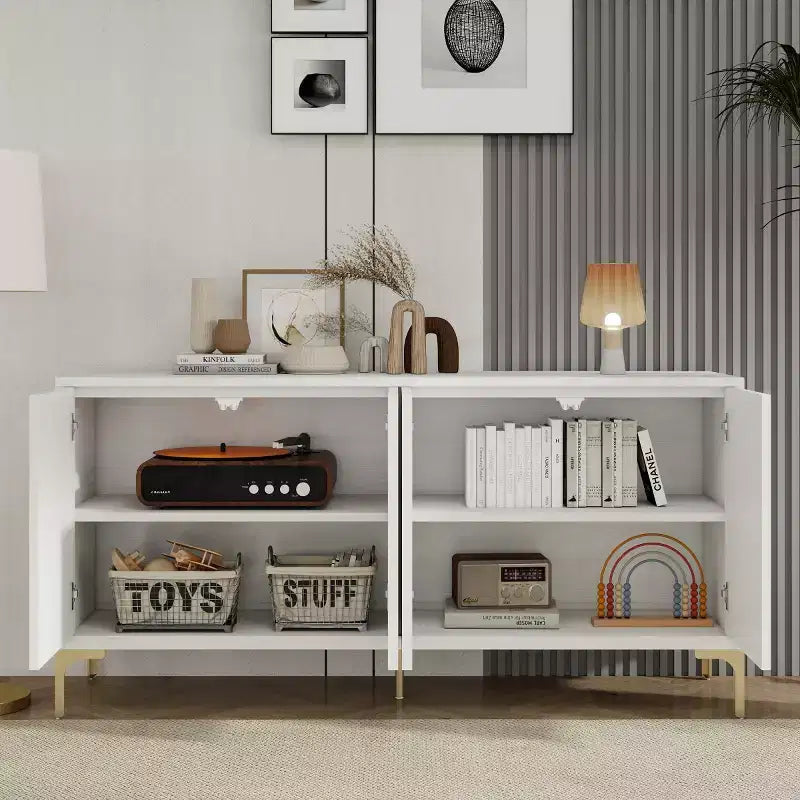 Mobile buffet credenza bianco da 152 cm, 4 ante con trama palma intagliata 3D e gambe in metallo dorato