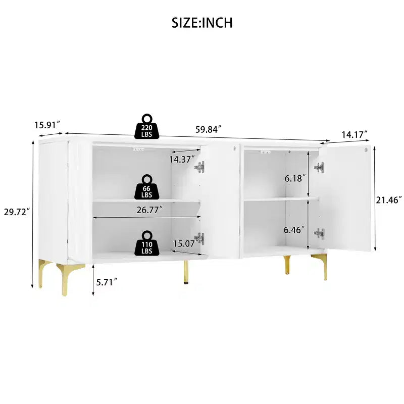 Mobile buffet credenza bianco da 152 cm, 4 ante con trama palma intagliata 3D e gambe in metallo dorato