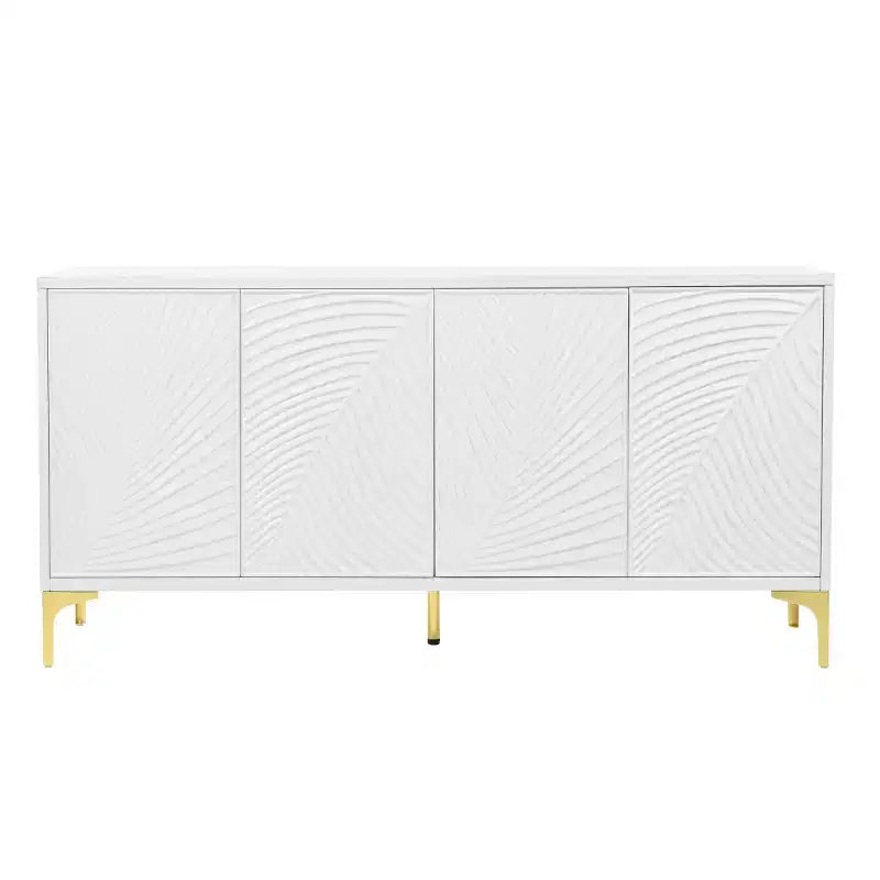 Mobile buffet credenza bianco da 152 cm, 4 ante con trama palma intagliata 3D e gambe in metallo dorato