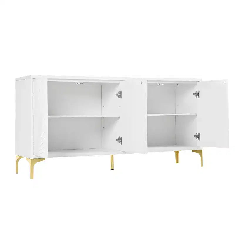 Mobile buffet credenza bianco da 152 cm, 4 ante con trama palma intagliata 3D e gambe in metallo dorato