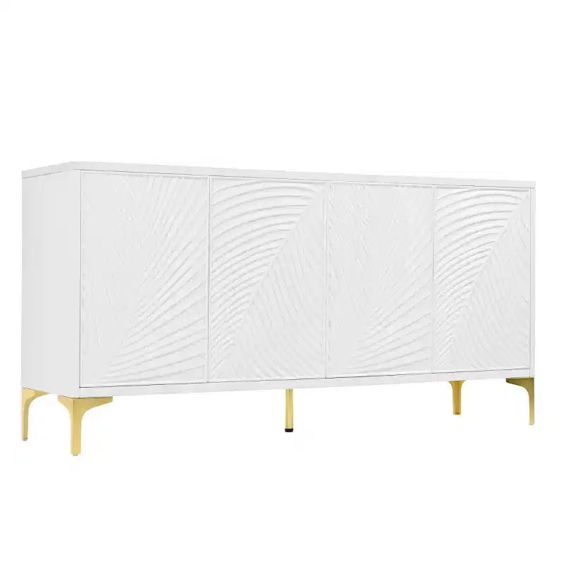 Mobile buffet credenza bianco da 152 cm, 4 ante con trama palma intagliata 3D e gambe in metallo dorato
