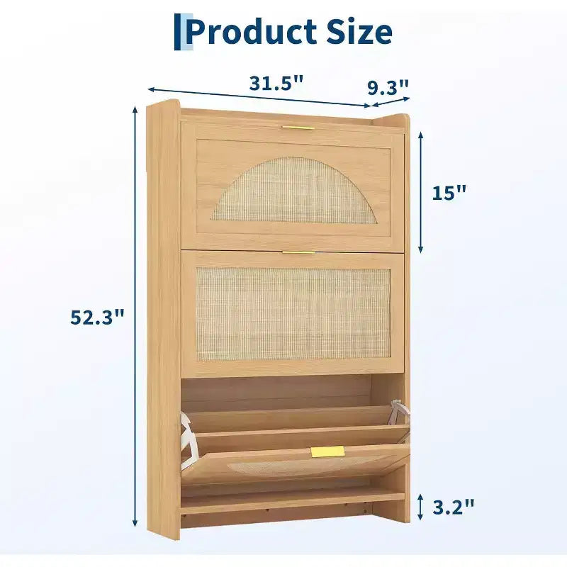 Scarpiera in Rattan con 3 Cassetti a Ribalta, Design Stretto Autoportante – 132,8 cm A x 80 cm L x 23,6 cm P, Contiene 30 Paia