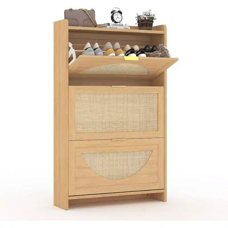 Scarpiera in Rattan con 3 Cassetti a Ribalta, Design Stretto Autoportante – 132,8 cm A x 80 cm L x 23,6 cm P, Contiene 30 Paia