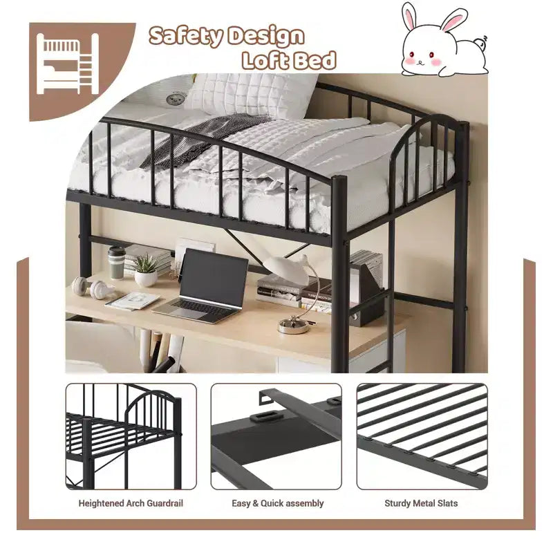 Telaio per letto a soppalco singolo in metallo, doghe in acciaio resistente, capacità 158 kg, spazio sotto il letto 118 cm – Per bambini, ragazzi e adulti