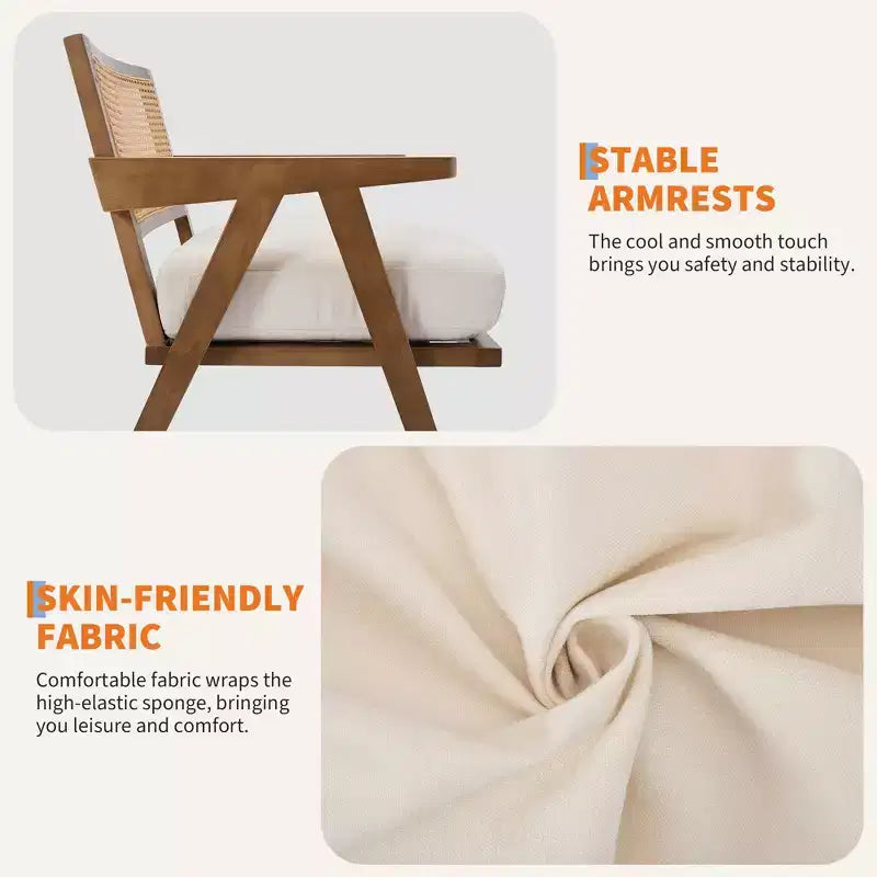 Sedia rustica in legno con braccioli, schienale in rattan e cuscino in lino – 74,9 cm H x 69,3 cm L x 67,8 cm P, capacità 136 kg