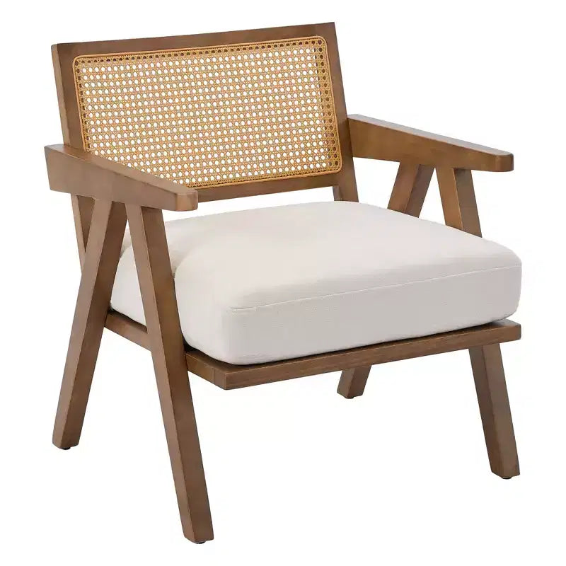 Sedia rustica in legno con braccioli, schienale in rattan e cuscino in lino – 74,9 cm H x 69,3 cm L x 67,8 cm P, capacità 136 kg