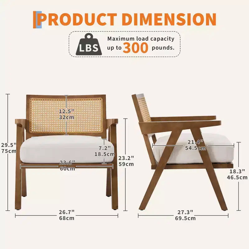 Sedia rustica in legno con braccioli, schienale in rattan e cuscino in lino – 74,9 cm H x 69,3 cm L x 67,8 cm P, capacità 136 kg