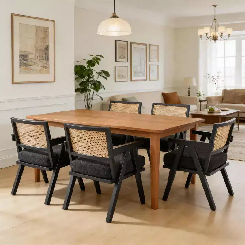Sedia rustica in legno con braccioli, schienale in rattan e cuscino in lino – 74,9 cm H x 69,3 cm L x 67,8 cm P, capacità 136 kg