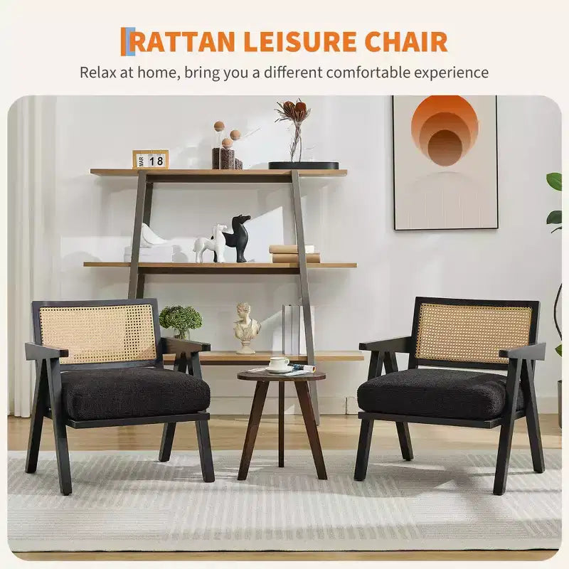 Sedia rustica in legno con braccioli, schienale in rattan e cuscino in lino – 74,9 cm H x 69,3 cm L x 67,8 cm P, capacità 136 kg