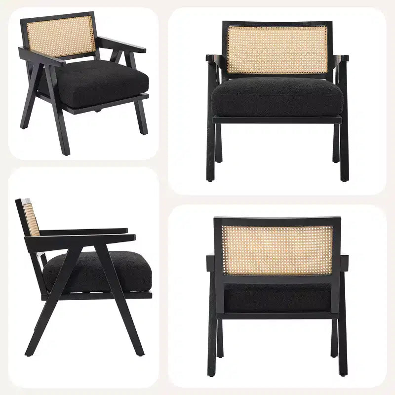 Sedia rustica in legno con braccioli, schienale in rattan e cuscino in lino – 74,9 cm H x 69,3 cm L x 67,8 cm P, capacità 136 kg