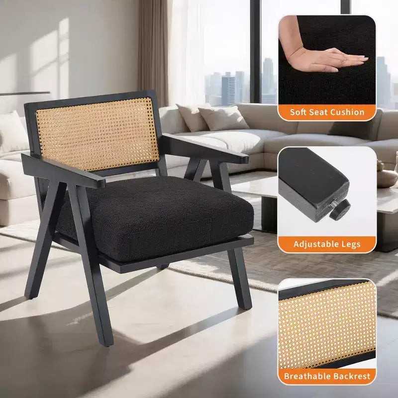 Sedia rustica in legno con braccioli, schienale in rattan e cuscino in lino – 74,9 cm H x 69,3 cm L x 67,8 cm P, capacità 136 kg