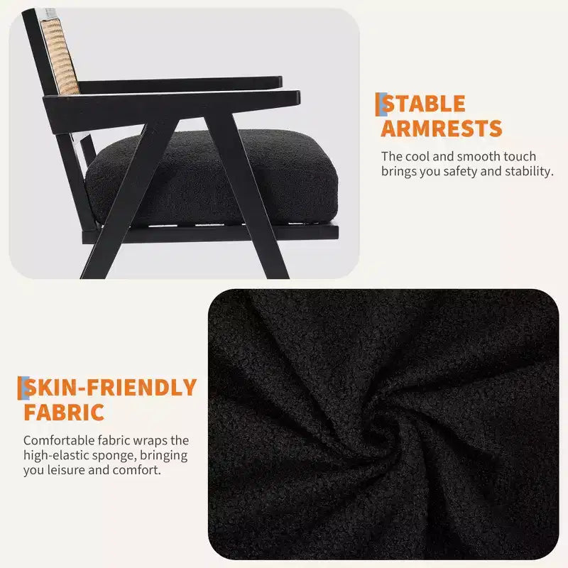 Sedia rustica in legno con braccioli, schienale in rattan e cuscino in lino – 74,9 cm H x 69,3 cm L x 67,8 cm P, capacità 136 kg