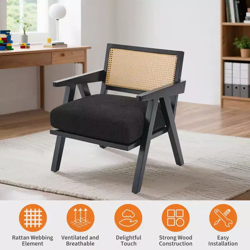 Sedia rustica in legno con braccioli, schienale in rattan e cuscino in lino – 74,9 cm H x 69,3 cm L x 67,8 cm P, capacità 136 kg