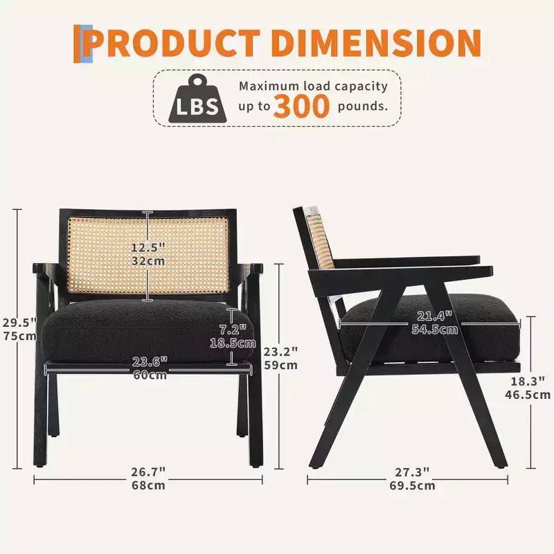 Sedia rustica in legno con braccioli, schienale in rattan e cuscino in lino – 74,9 cm H x 69,3 cm L x 67,8 cm P, capacità 136 kg