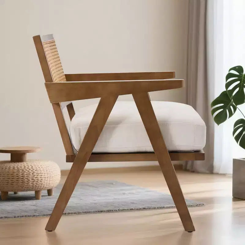 Sedia rustica in legno con braccioli, schienale in rattan e cuscino in lino – 74,9 cm H x 69,3 cm L x 67,8 cm P, capacità 136 kg