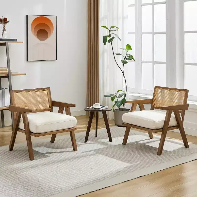 Sedia rustica in legno con braccioli, schienale in rattan e cuscino in lino – 74,9 cm H x 69,3 cm L x 67,8 cm P, capacità 136 kg