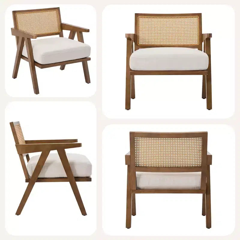 Sedia rustica in legno con braccioli, schienale in rattan e cuscino in lino – 74,9 cm H x 69,3 cm L x 67,8 cm P, capacità 136 kg