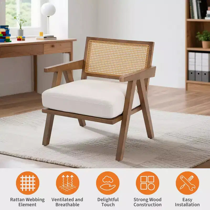 Sedia rustica in legno con braccioli, schienale in rattan e cuscino in lino – 74,9 cm H x 69,3 cm L x 67,8 cm P, capacità 136 kg