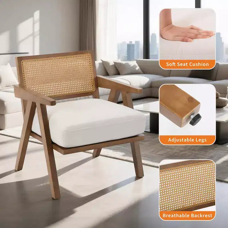 Sedia rustica in legno con braccioli, schienale in rattan e cuscino in lino – 74,9 cm H x 69,3 cm L x 67,8 cm P, capacità 136 kg