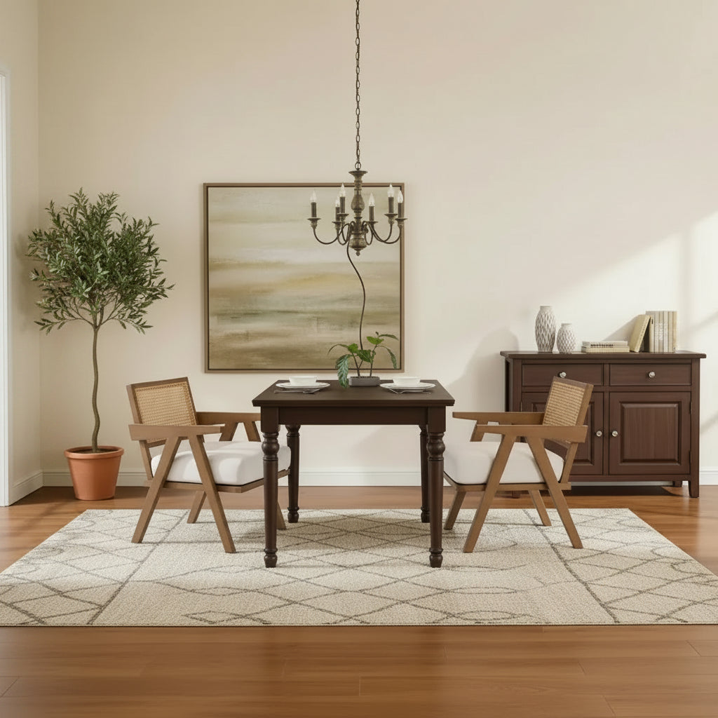 Wood Farmhouse Accent Chair with Arm, Rattan Backrest & Linen Cushion for Living Room, Bedroom