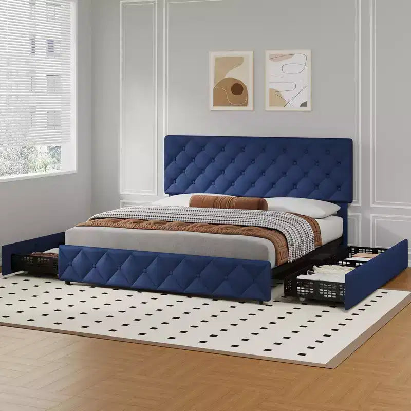 Letto a piattaforma Queen Size in similpelle con 4 cassetti e testiera regolabile – Blu, nessuna necessità di rete a molle