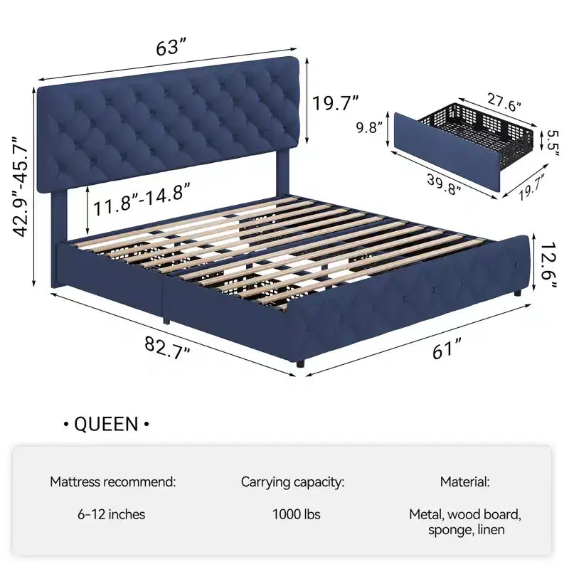 Letto a piattaforma Queen Size in similpelle con 4 cassetti e testiera regolabile – Blu, nessuna necessità di rete a molle