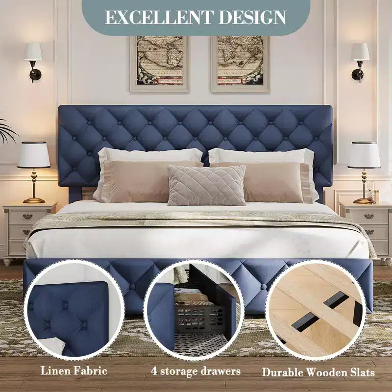 Letto a piattaforma Queen Size in similpelle con 4 cassetti e testiera regolabile – Blu, nessuna necessità di rete a molle