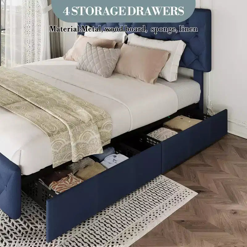 Letto a piattaforma Queen Size in similpelle con 4 cassetti e testiera regolabile – Blu, nessuna necessità di rete a molle