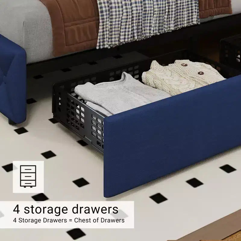 Letto a piattaforma Queen Size in similpelle con 4 cassetti e testiera regolabile – Blu, nessuna necessità di rete a molle
