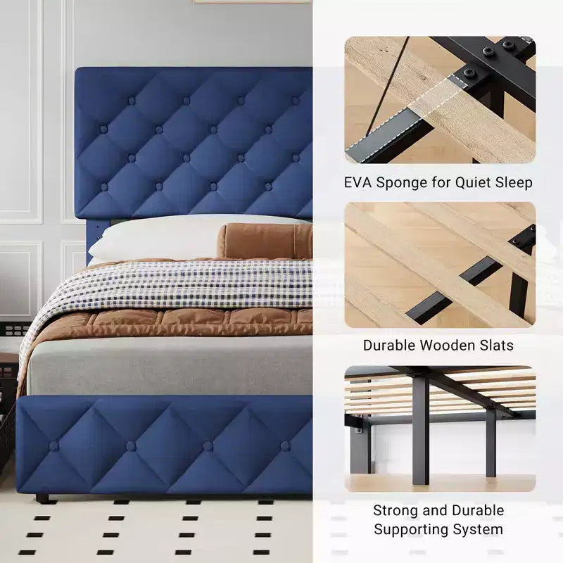 Letto a piattaforma Queen Size in similpelle con 4 cassetti e testiera regolabile – Blu, nessuna necessità di rete a molle
